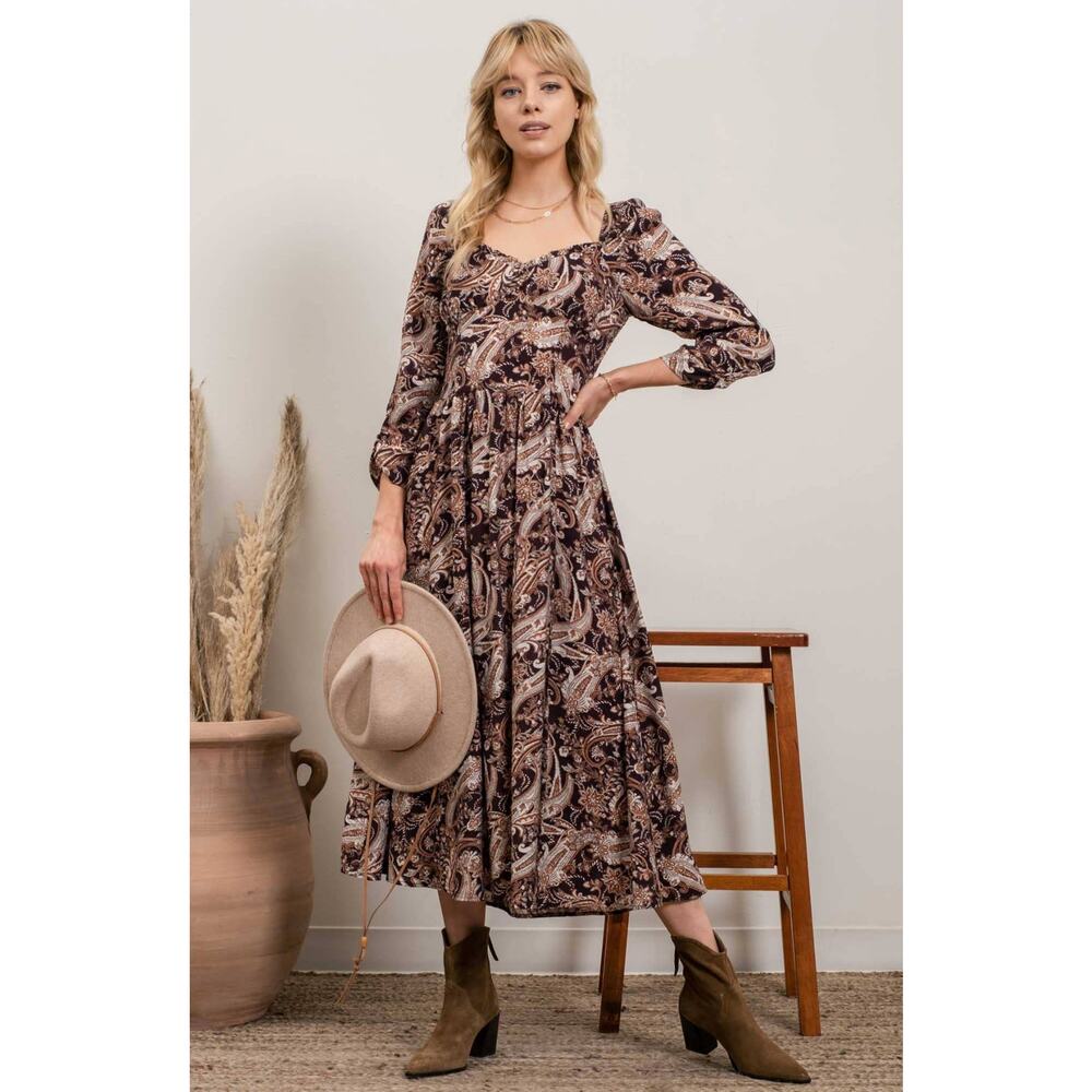 By The River Boutique Brown Paisley Sweetheart Neckline Puff Sleeve Midi Dress S